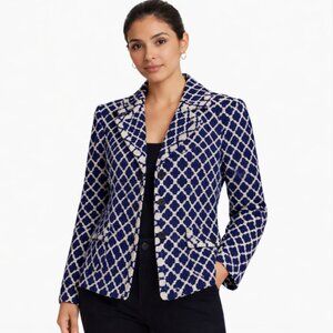 Talbots Navy Blue & White Cotton Geometric Lattice Weave Jacquard Jacket, Blazer
